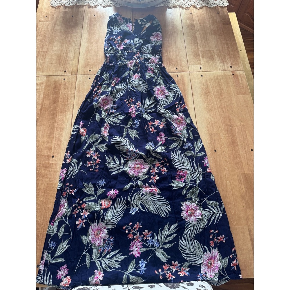 Japona Floral‎ Maxi Dress Navy Blue Pink White Tropical V Neck Midi Size M